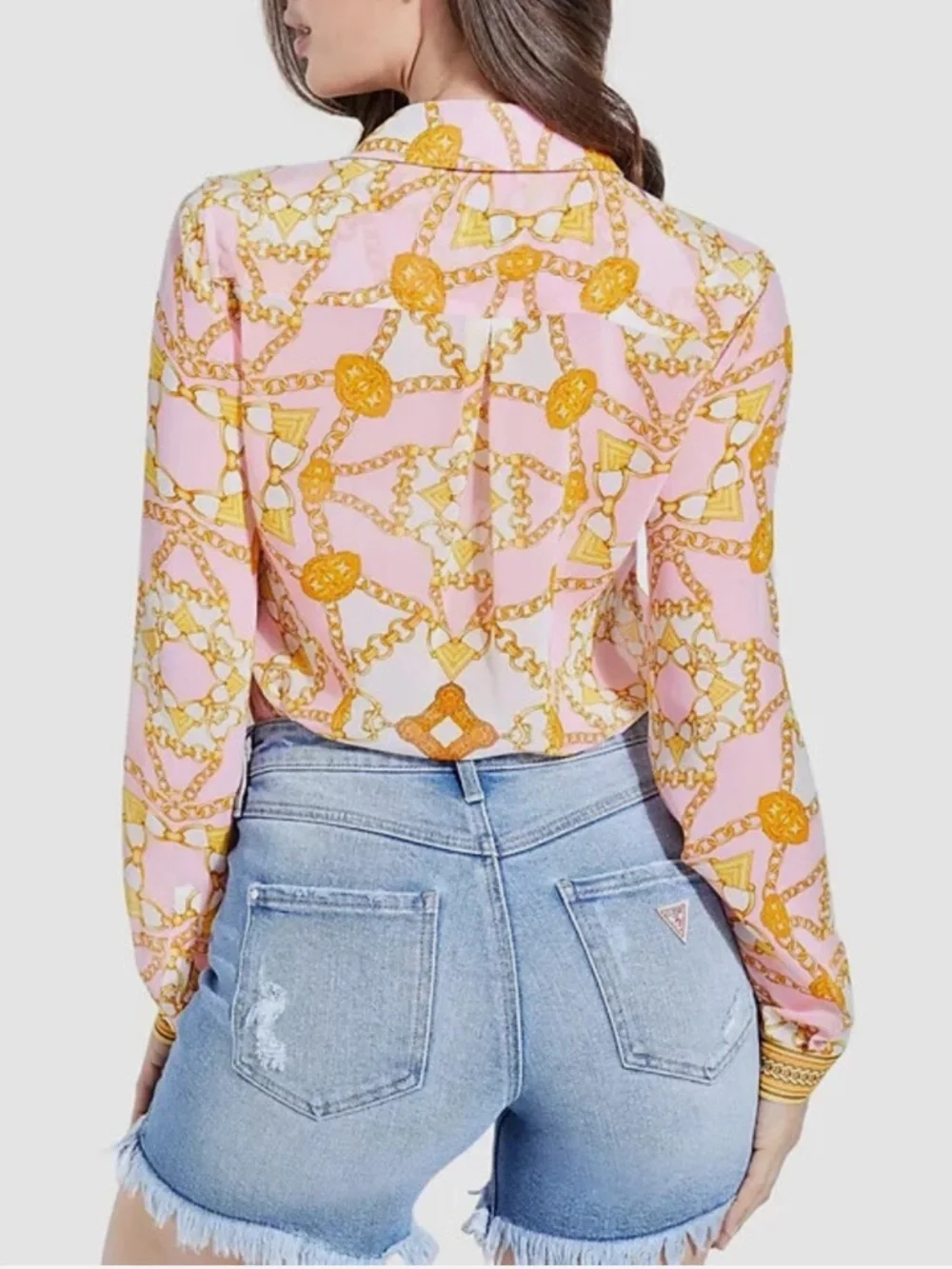 Guess women's Madyson long sleeves shirt pink and gold chain print size XS/S - Picture 6 of 9